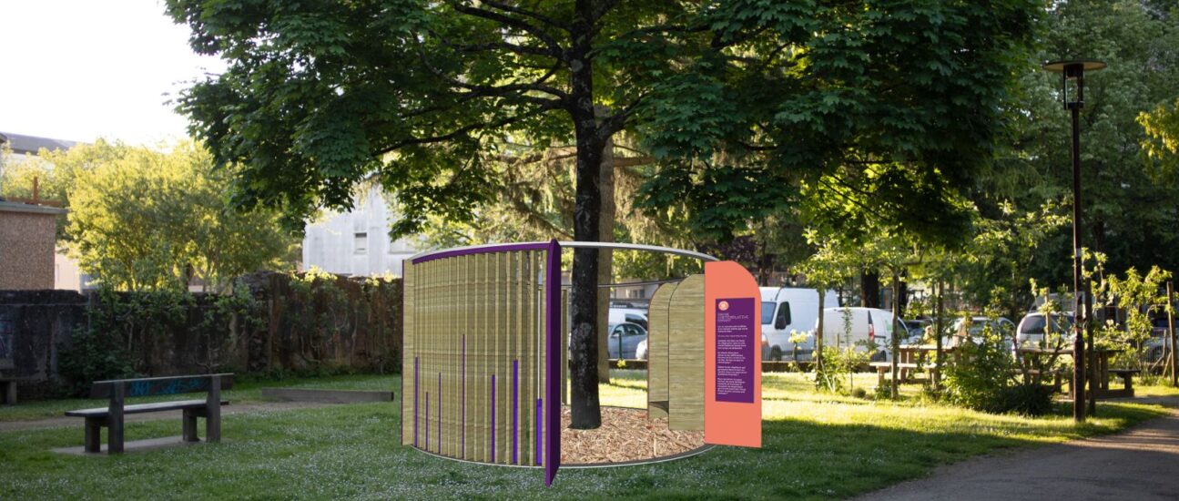 Refuge du présent, par La Parenthèse Enchantée. Sur l'île de Nantes (square Gustave Roch). En collaboration avec la Samoa