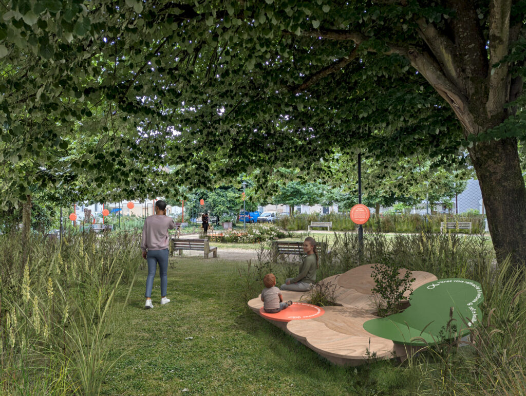 espace végétalisé avec assise en bois