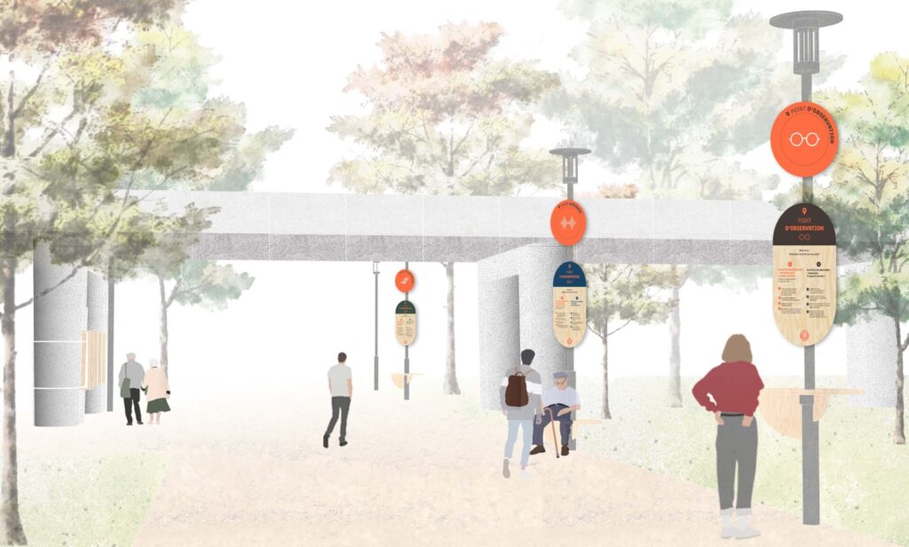 L'Echappée des Sens. Expérimentation d'un parcours piéton sur l'île de Nantes. Projection de la troisième station refuge au square Vertais, imaginée par l’Atelier Kraken et La Formidable Armada. En partenariat avec Nantes Métropole et la Banque des Territoires (France 2030). Nantes (Loire-Atlantique). 2026 © Samoa