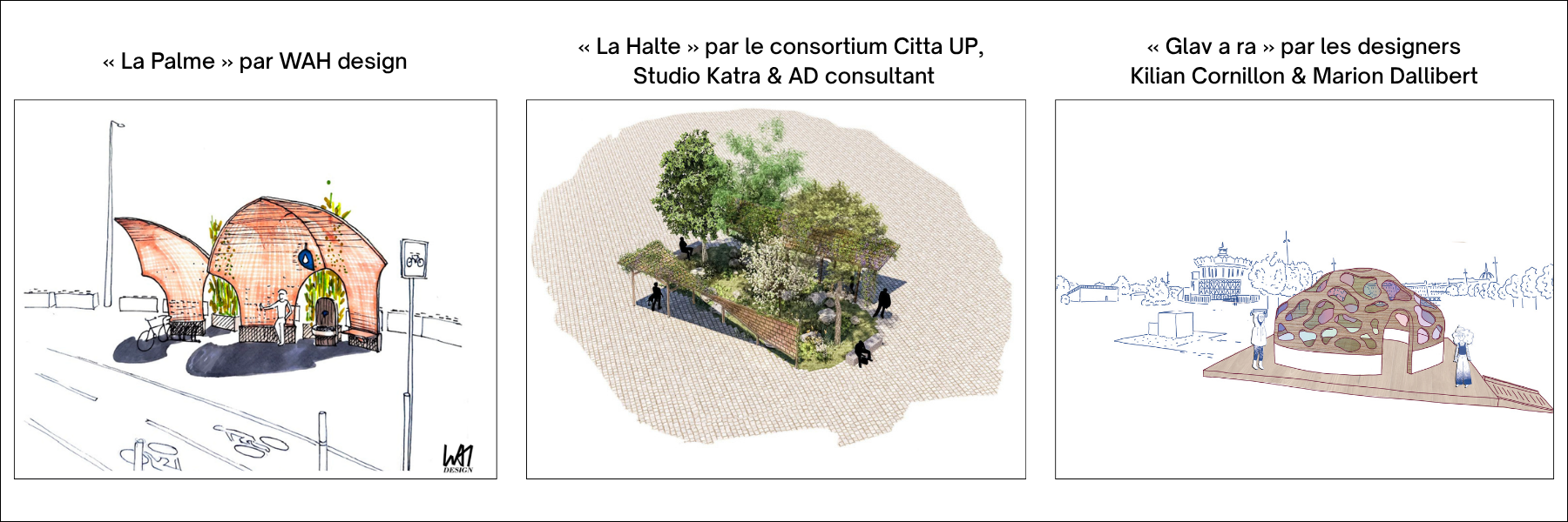Les 3 lauréats de l'appel à concept Nantes x Recife - Refuge climatique urbain. WAH design (premier prix), Citta UP, Studio Katra & Ad consultant (deuxième prix) et Kilian Cornillon & Marion Dallibert (deuxième prix ex-aequo).